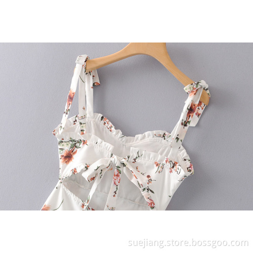 Women New Linen Leaf Print Hollow Out Dress